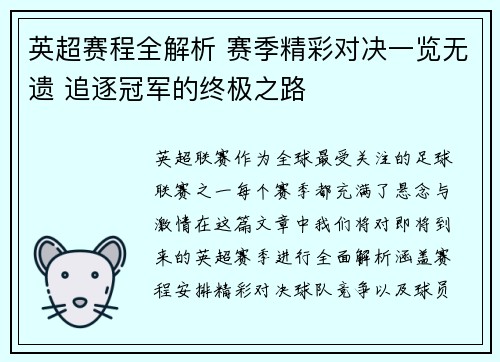 英超赛程全解析 赛季精彩对决一览无遗 追逐冠军的终极之路